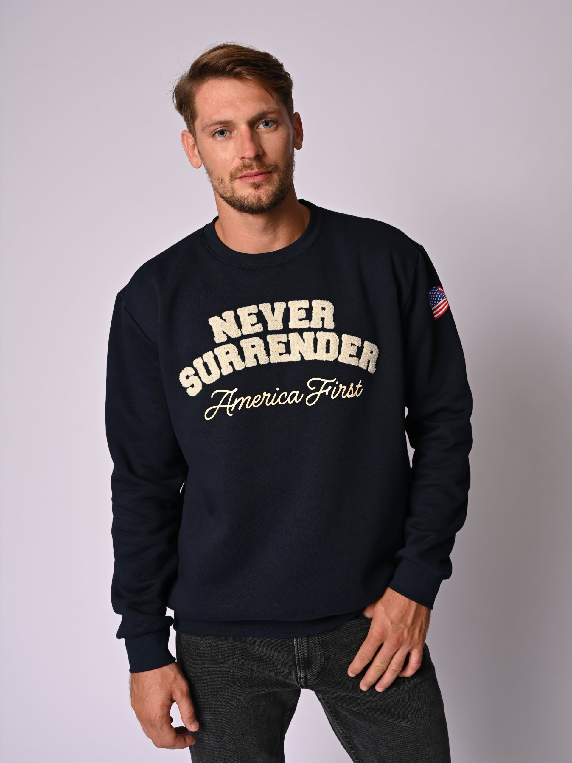 America First Navy Blue Chenille Sweatshirt Never Surrender